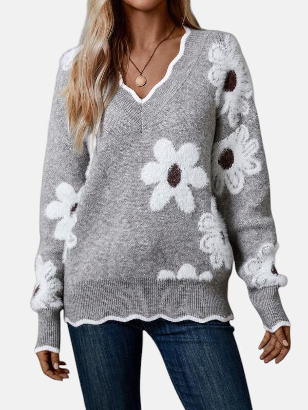 THEA | ELEGANT V-KAULAUKSINEN KUKKAKUVIOINEN NEULETAKKI