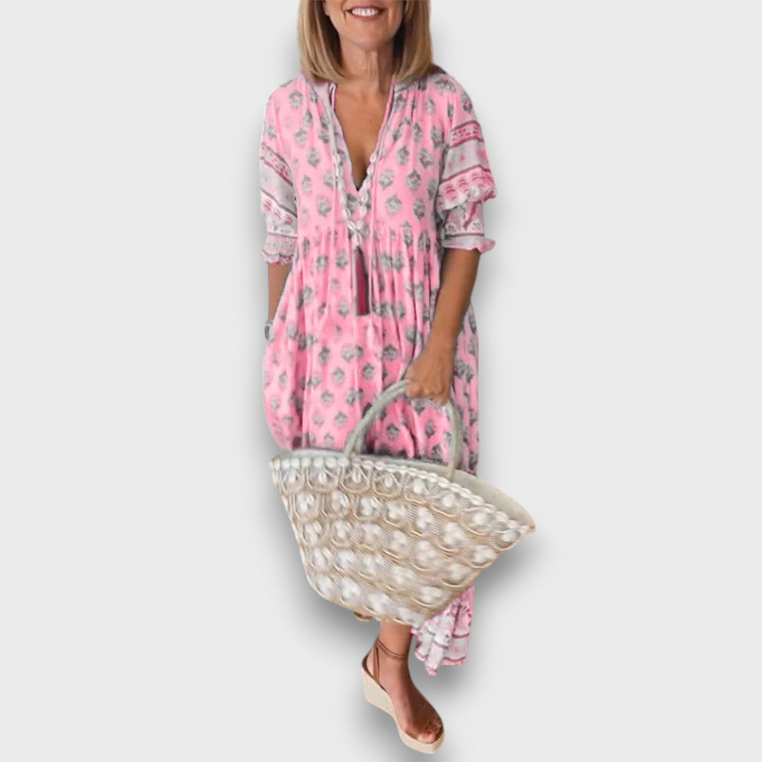 Ilmava Boho-mekko 3/4-hihalla | Nauhalla varustettu pääntie