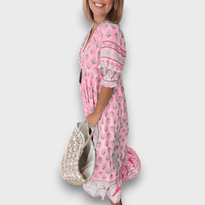 Ilmava Boho-mekko 3/4-hihalla | Nauhalla varustettu pääntie