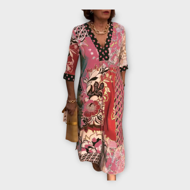 Värikäs Mekko | Napilla ja 3/4 Hihalla