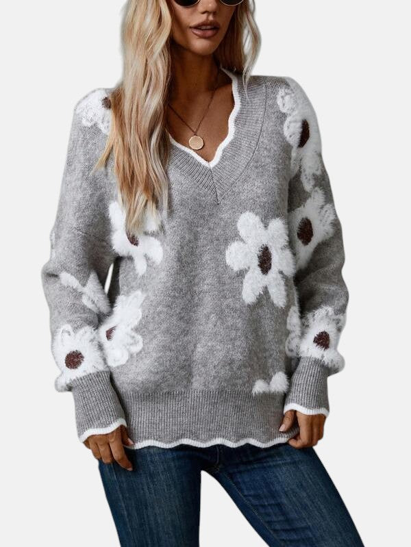 THEA | ELEGANT V-KAULAUKSINEN KUKKAKUVIOINEN NEULETAKKI