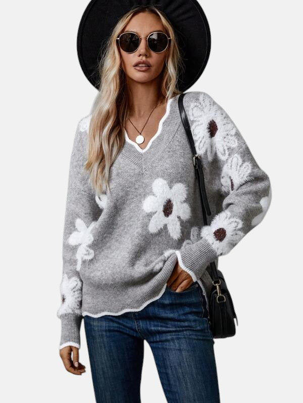 THEA | ELEGANT V-KAULAUKSINEN KUKKAKUVIOINEN NEULETAKKI