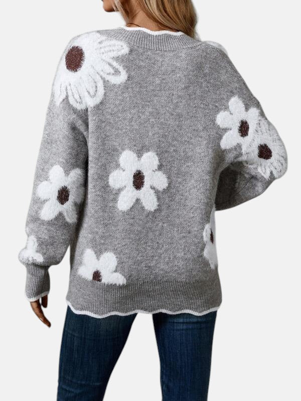 THEA | ELEGANT V-KAULAUKSINEN KUKKAKUVIOINEN NEULETAKKI