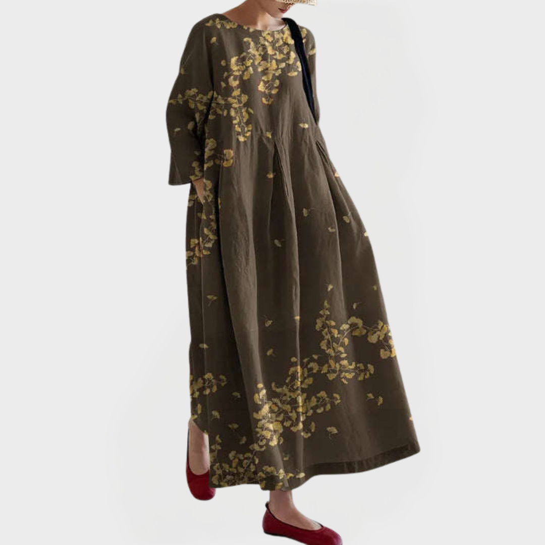 Tyylikäs Maxi Mekko | Pellavasta Koristellulla Kukkaketjulla