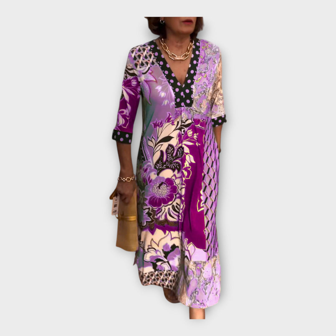 Värikäs Mekko | Napilla ja 3/4 Hihalla